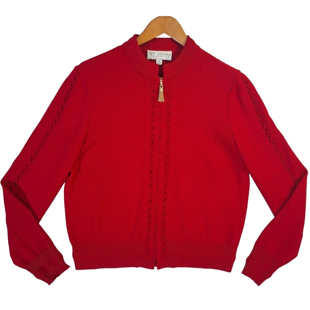 St. John Collection Sweater Womens 6 Red Zip Cardigan Tassel Zipper Made in USA